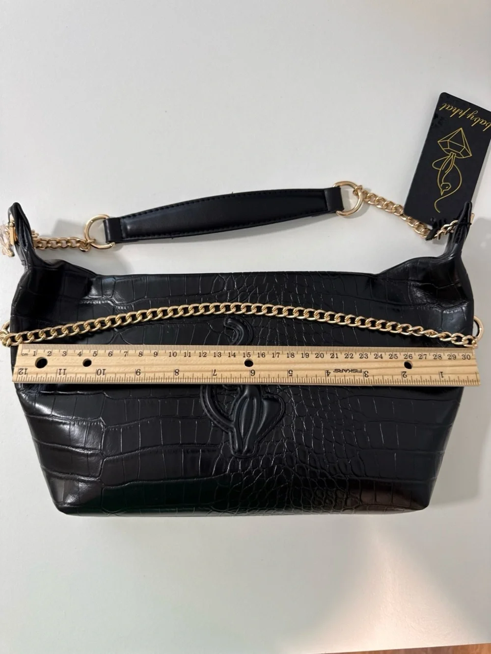 Baby Phat Black Croc-Embossed Shoulder Bag with Gold Chain Detail